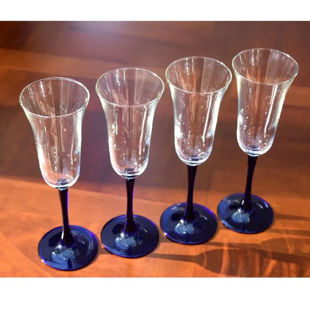 Set of 4 Vintage Blue Stemmed Fluted Champagne Glasses – Wide Rim